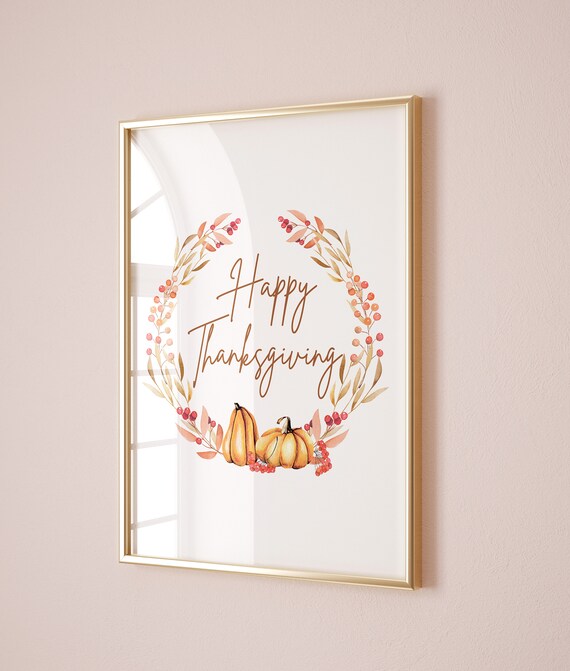 Happy Thanksgiving Berry Wreath Pumpkins Fall Harvest Poster