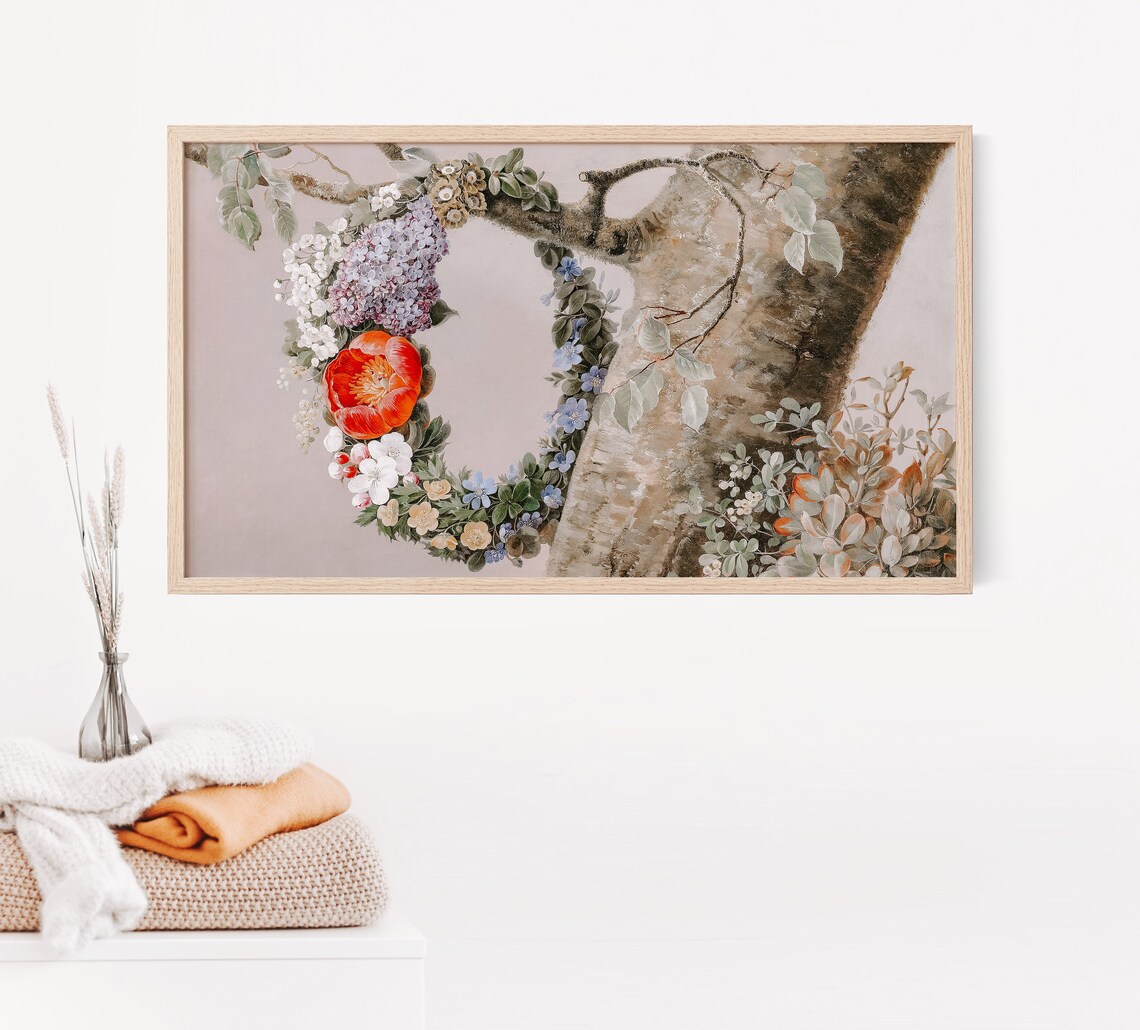Moody Vintage Floral Wreath Red Poppy Blush Botanical Wall Poster - Image 2