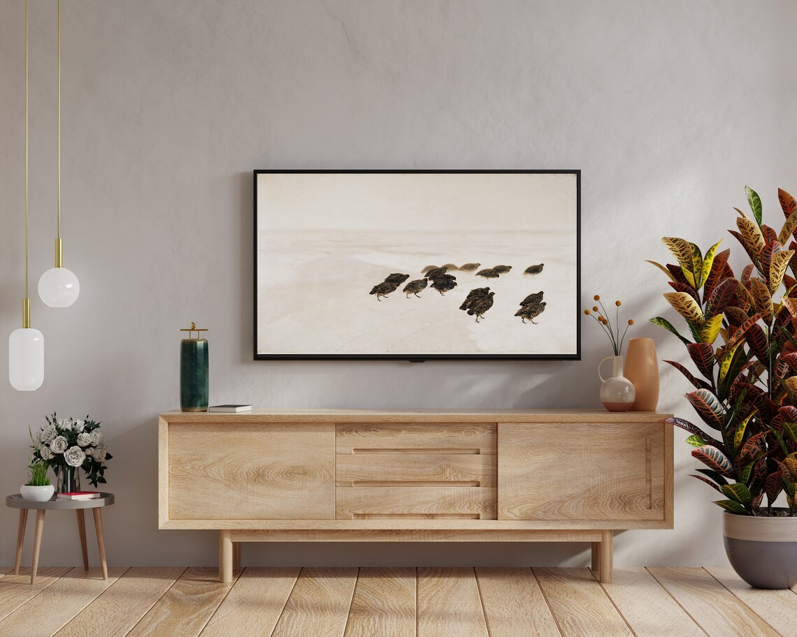 Flock of Birds in Snow Minimalist Winter Wildlife Art Poster - Image 2
