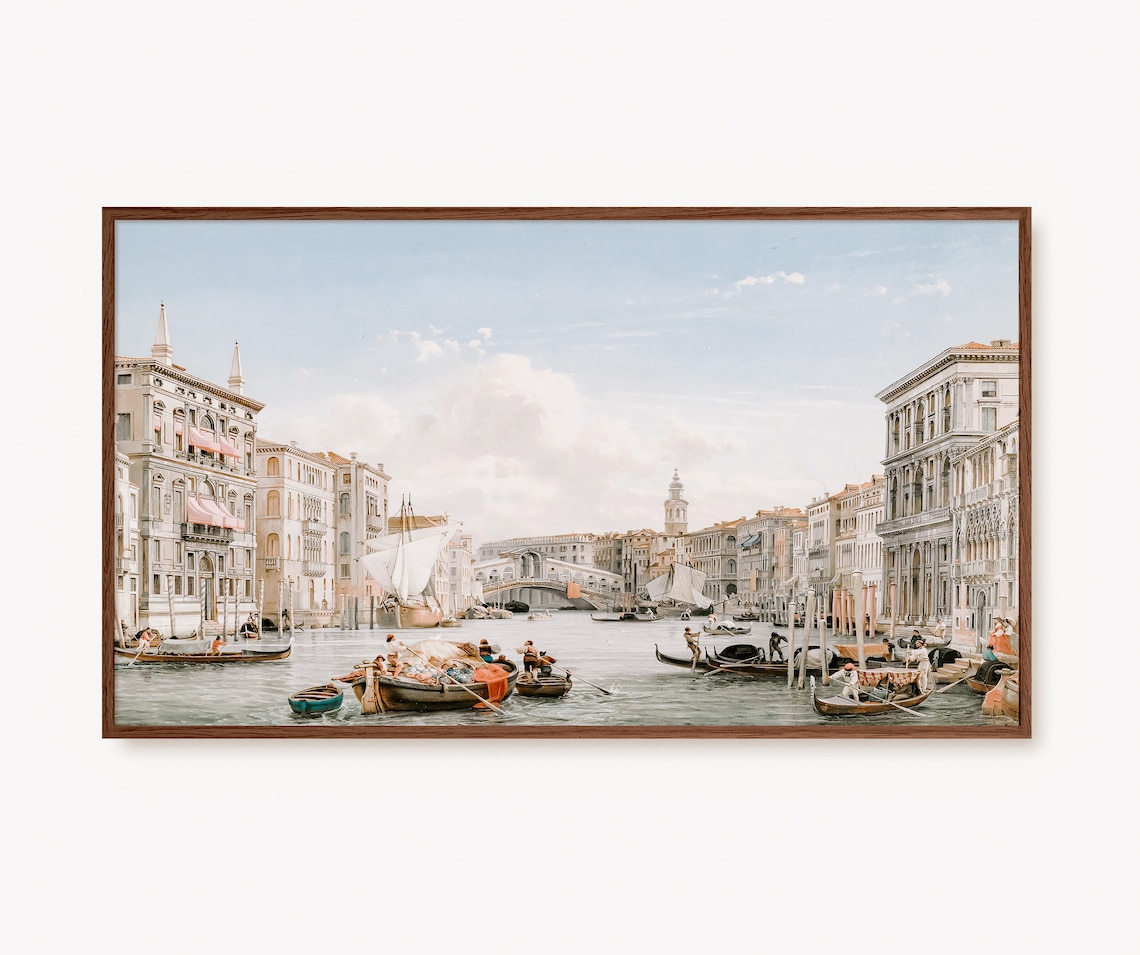 Venice Canal Oil Painting Vintage Rialto Bridge Art