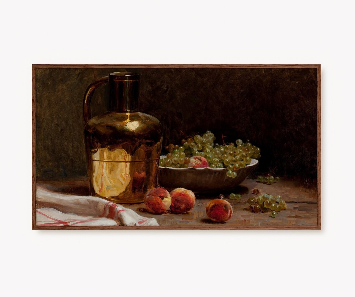 Golden Jug with Grapes and Peaches Rustic Still Life Art Poster