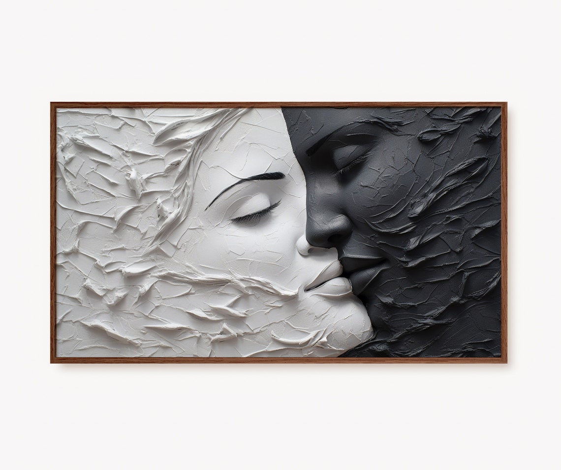 Black and White Kissing Couple 3D Textured Romance Valentine Wall Art