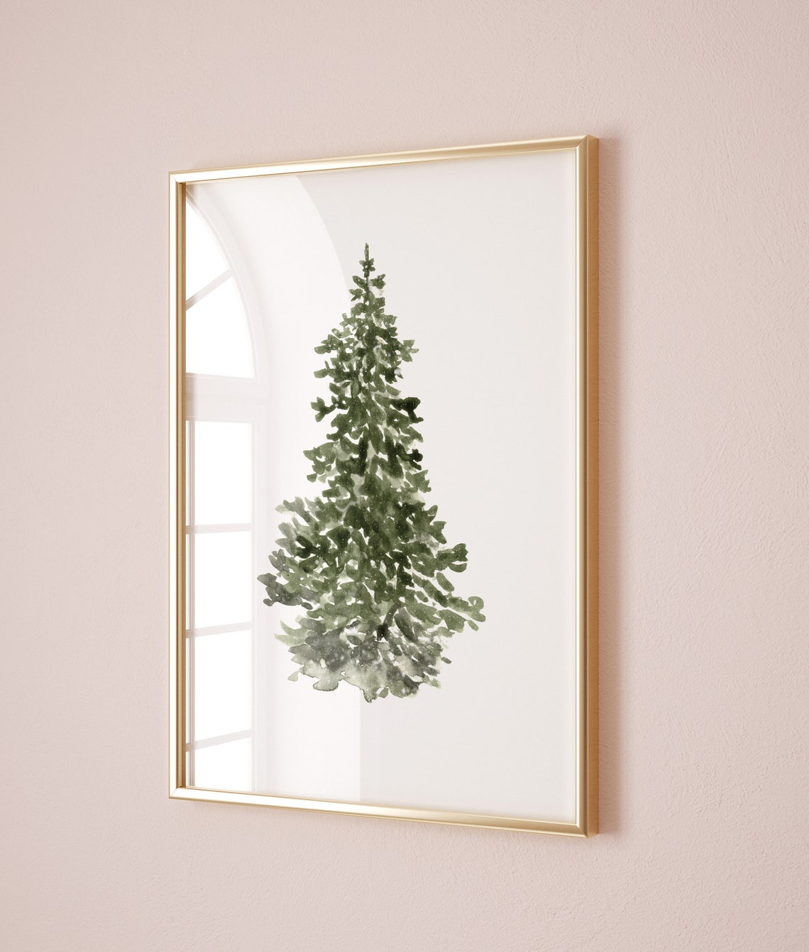 Minimalist Watercolor Christmas Tree Gold Frame Holiday Art Poster