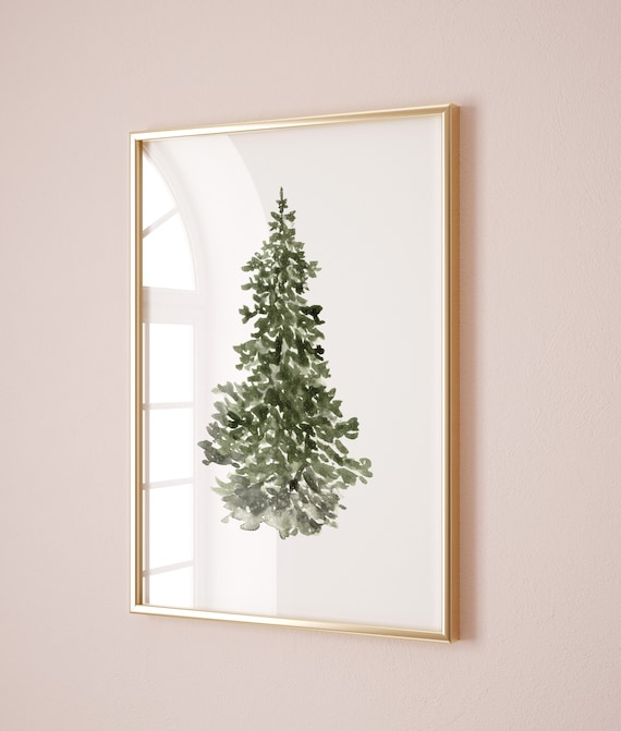 Minimalist Watercolor Christmas Tree Gold Frame Holiday Art Poster