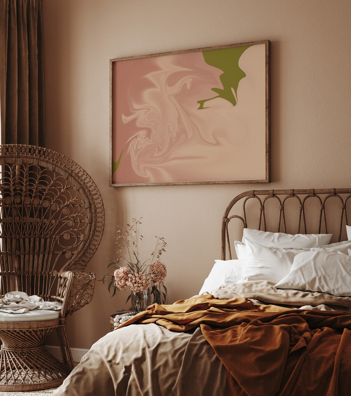Blush Pink Marble Swirl Abstract Art with Olive Green Poster - Image 2