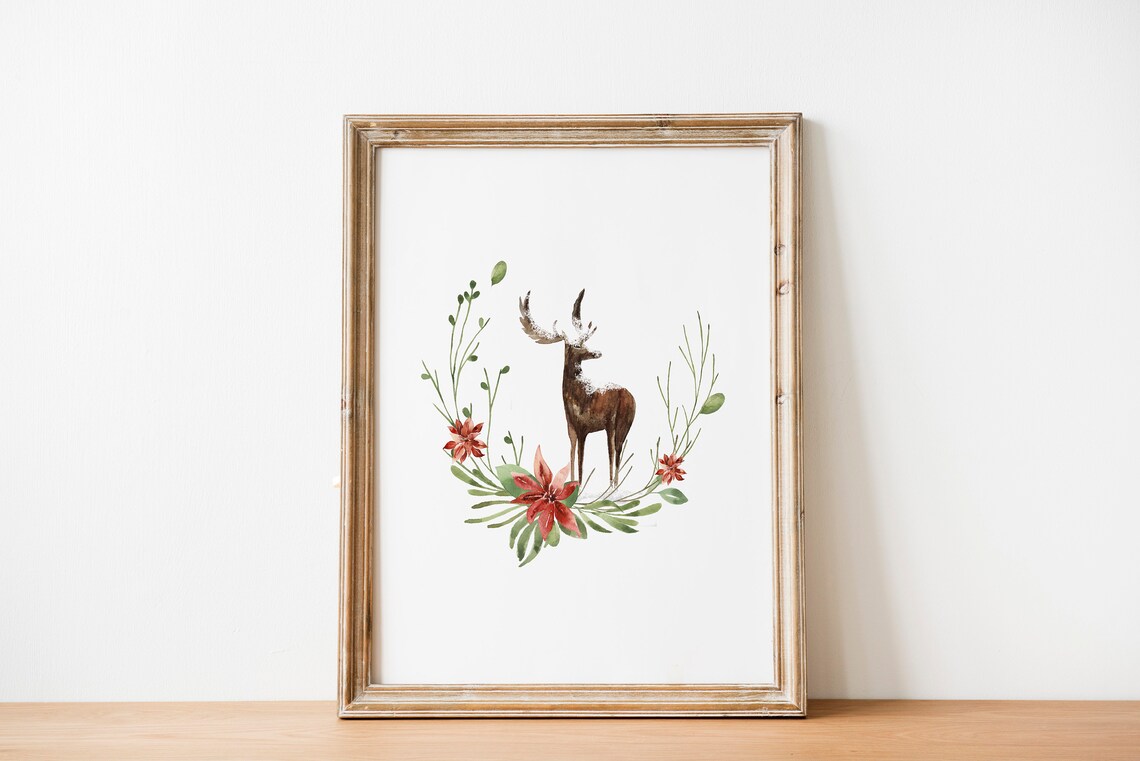 Watercolor Deer Christmas Wreath Red Flowers Holiday Art Poster
