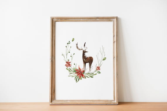 Watercolor Deer Christmas Wreath Red Flowers Holiday Art Poster