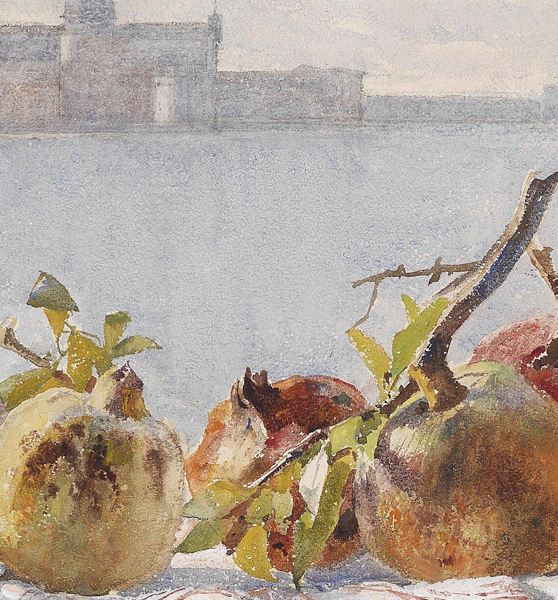 Sunlit Pomegranates Still Life with Venice Window View Vintage Art Poster - Image 2