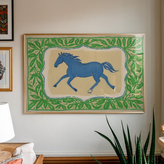 Blue Horse Wall Art Print Folk Style Animal Illustration Boho Gallery Decor Colourful Painting For Living Room Or Bedroom
