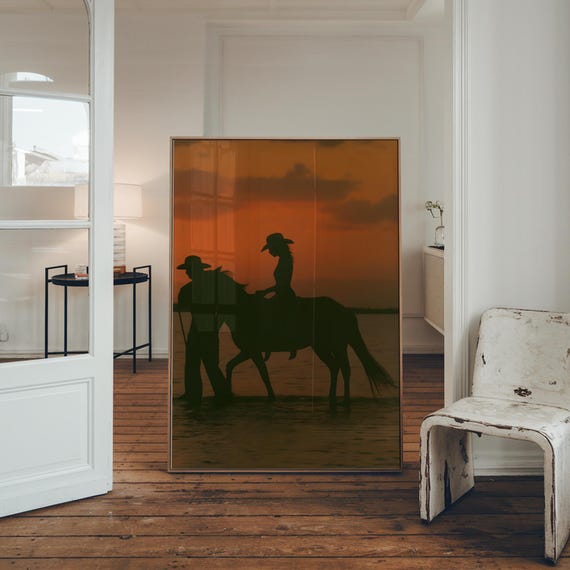 Western Cowboy And Cowgirl Sunset Wall Art Horseback Riding Silhouette Print Rustic Country Home Decor