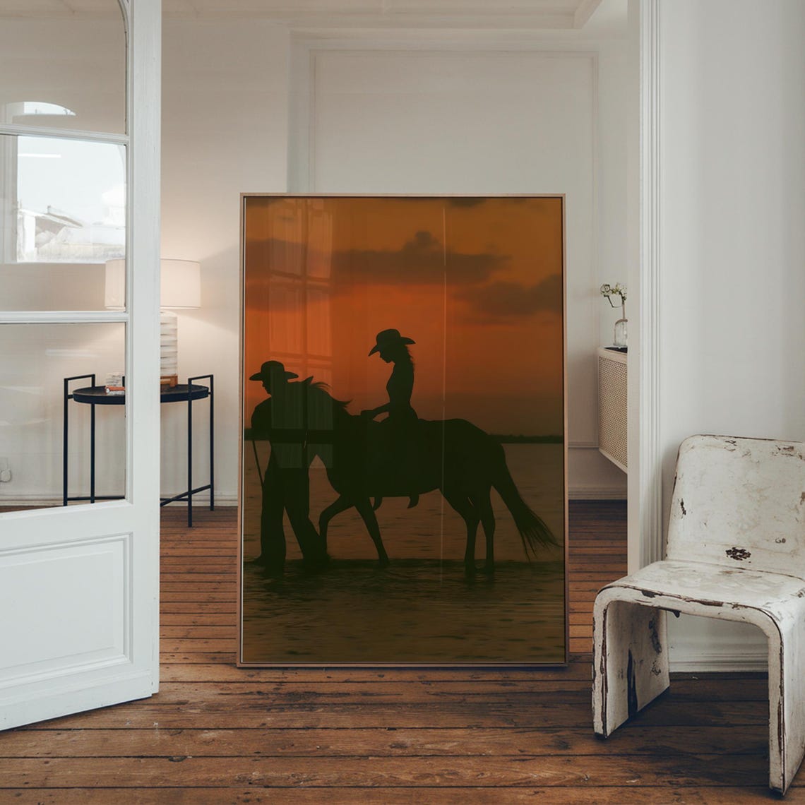 Cowboy Cowgirl Horseback Sunset Silhouette Rustic Western Wall Art