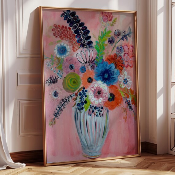 Colorful Flower Bouquet White Vase Pink Background Modern Art Poster