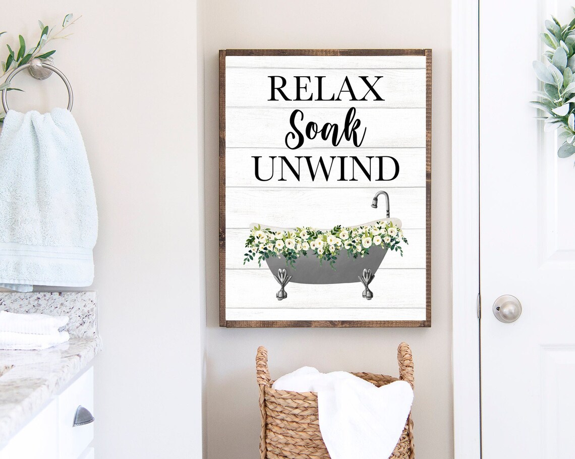 Relax Soak Unwind Gray Bathtub With White Flowers Farmhouse Poster