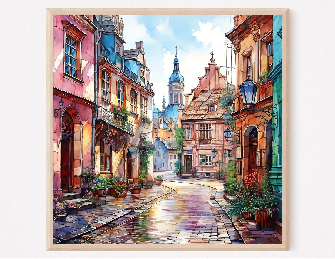 Colorful Old Town Cobblestone Street Church Watercolor Poster