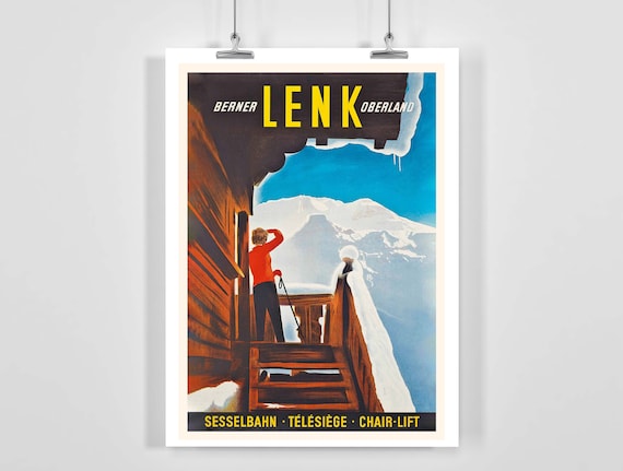 Lenk Oberland Bernese Switzerland Vintage Ski Travel Poster