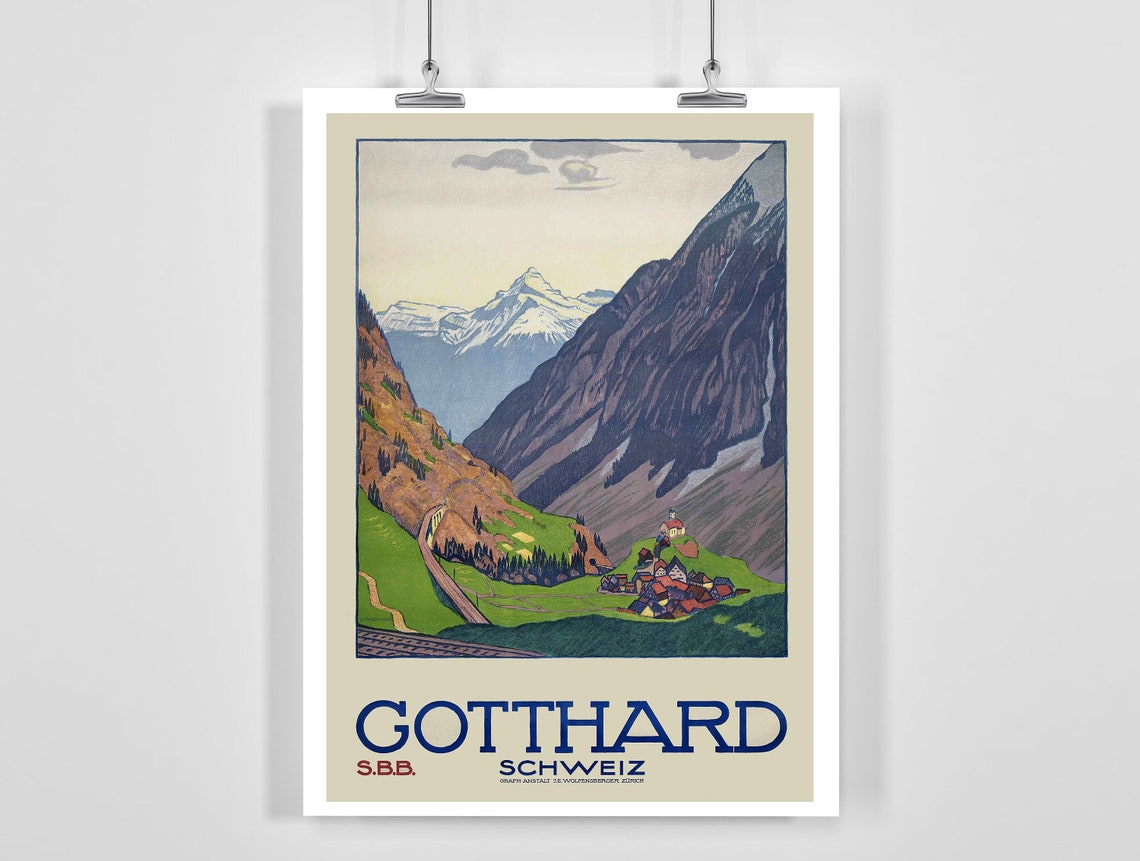 Gotthard Schweiz SBB Vintage Swiss Alpine Rail Travel Poster