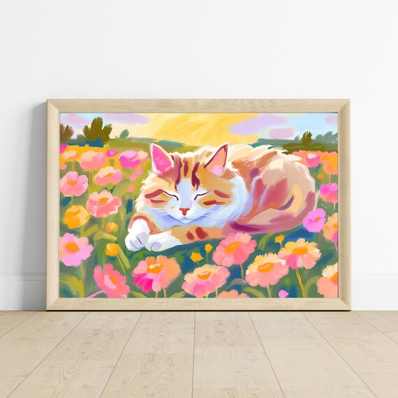 Orange Cat Daisy Field, Cute Floral Art Print