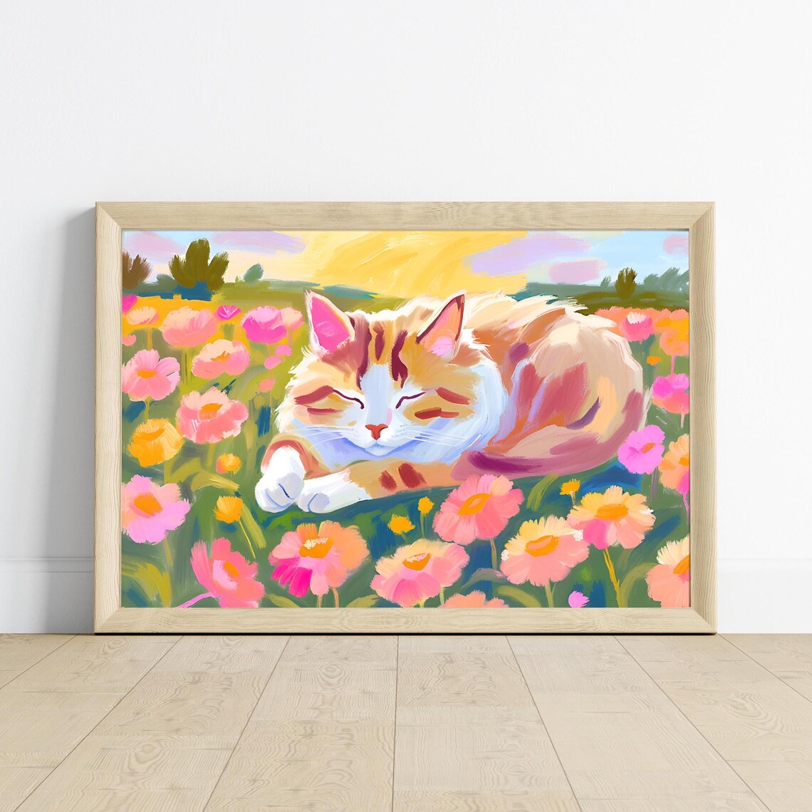 Orange Cat Daisy Field, Cute Floral Art Print