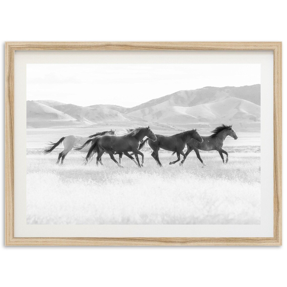 Black And White Horses Art Print, Mountain Landscape