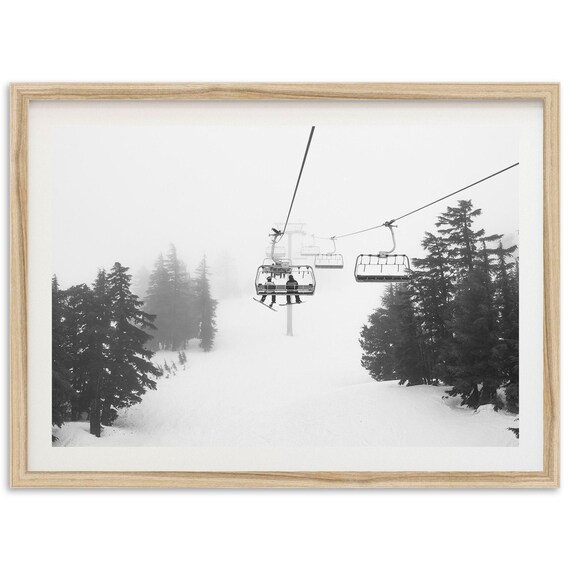 Vintage Ski Lift Snowboarders Art Print, Winter Cabin
