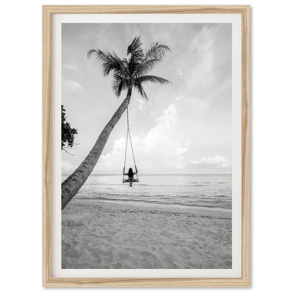 Black and White Ocean Swing Palm Tree Art Print