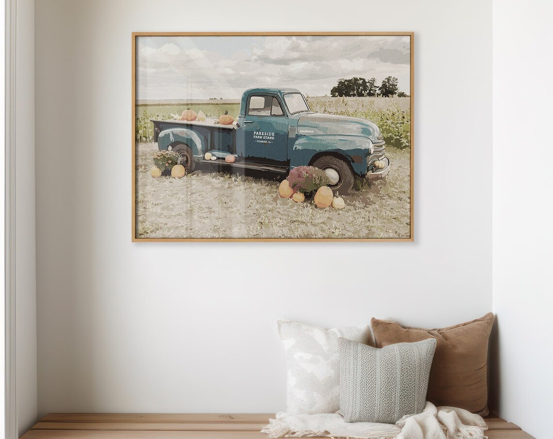 Vintage Blue Pickup Truck Pumpkins Fall Harvest Farm Photography Poster