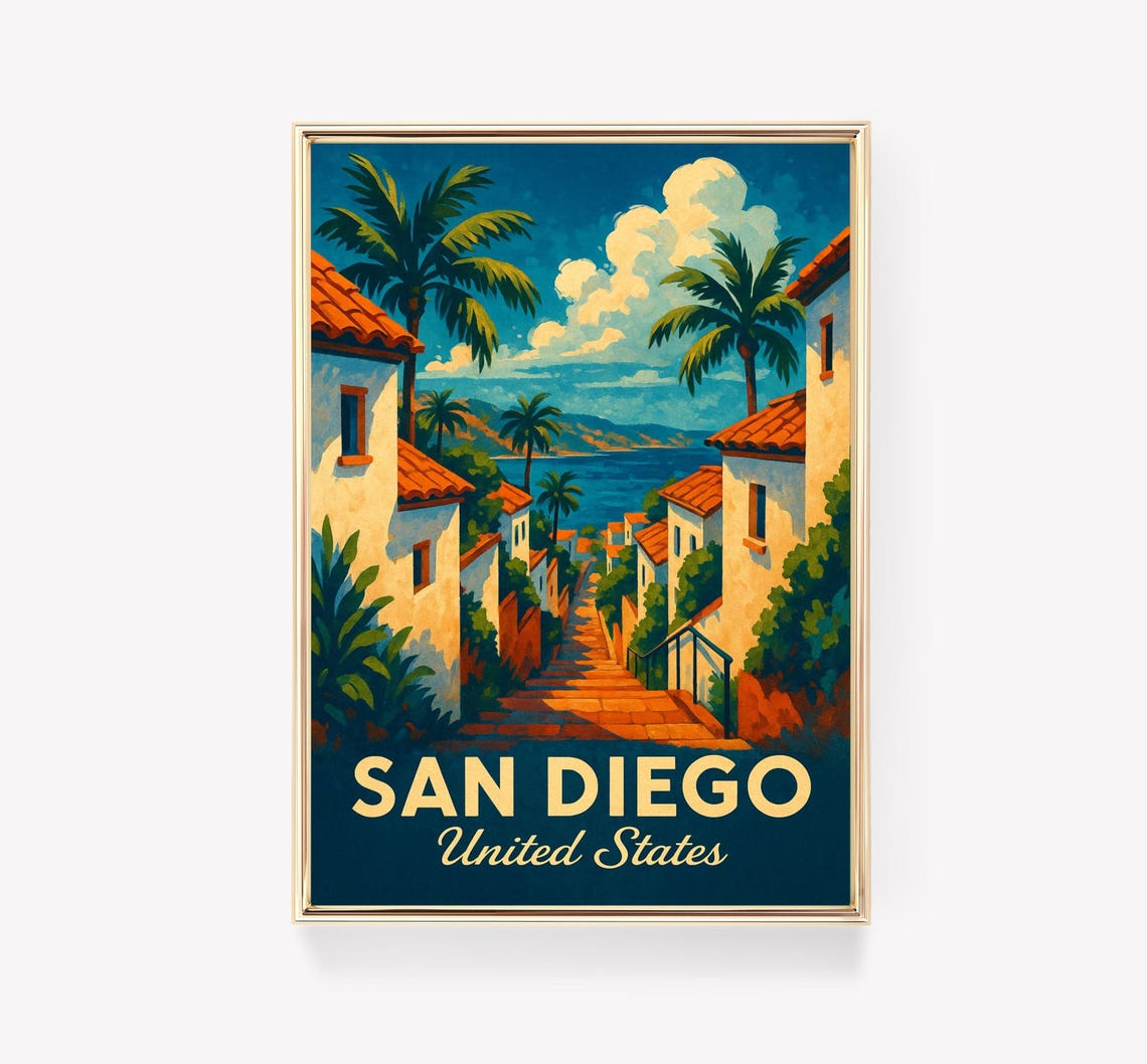 San Diego United States Palm Lined Stairway Coast Travel Poster