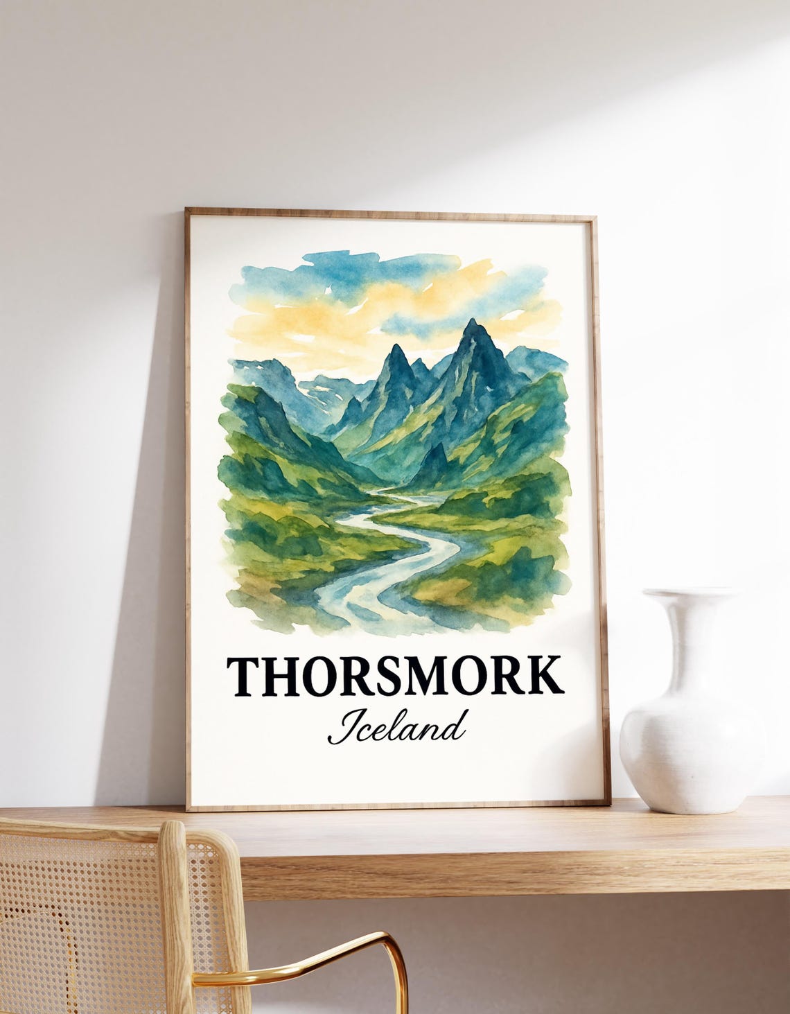 Thorsmork Iceland Green Mountain Valley Watercolor Wall Poster