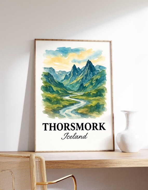 Thorsmork Iceland Green Mountain Valley Watercolor Wall Poster