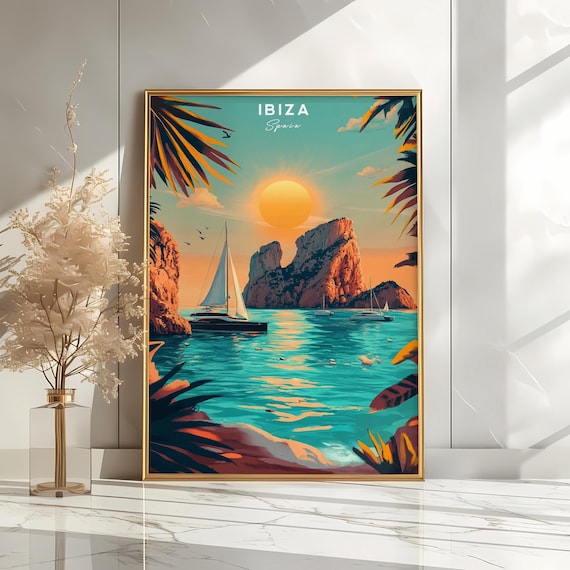 Ibiza Spain Sunset Sailboat Rocky Coast Vintage Travel Poster