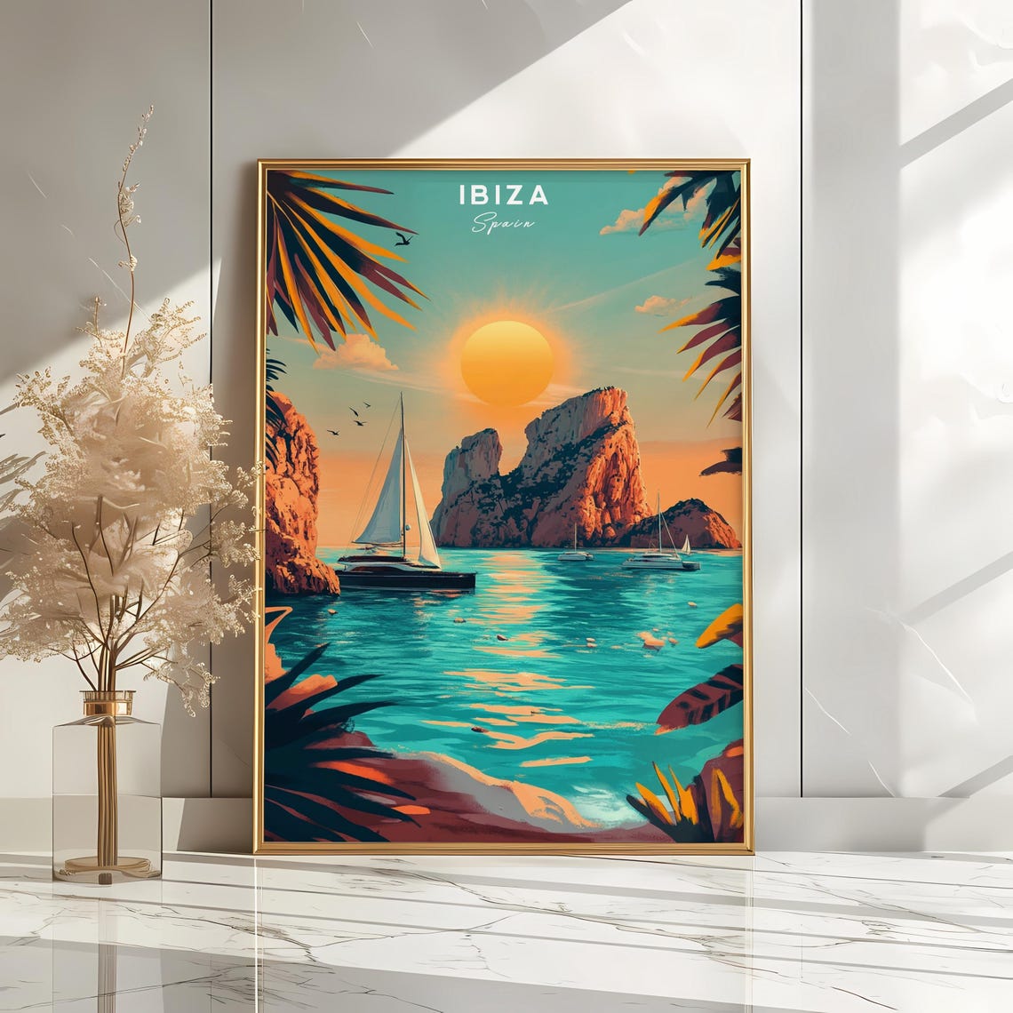 Ibiza Spain Sunset Sailboat Rocky Coast Vintage Travel Poster