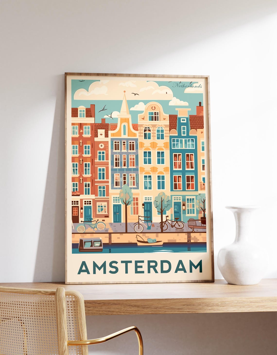 Amsterdam Netherlands Canal Houses Bicycles Travel Poster Art