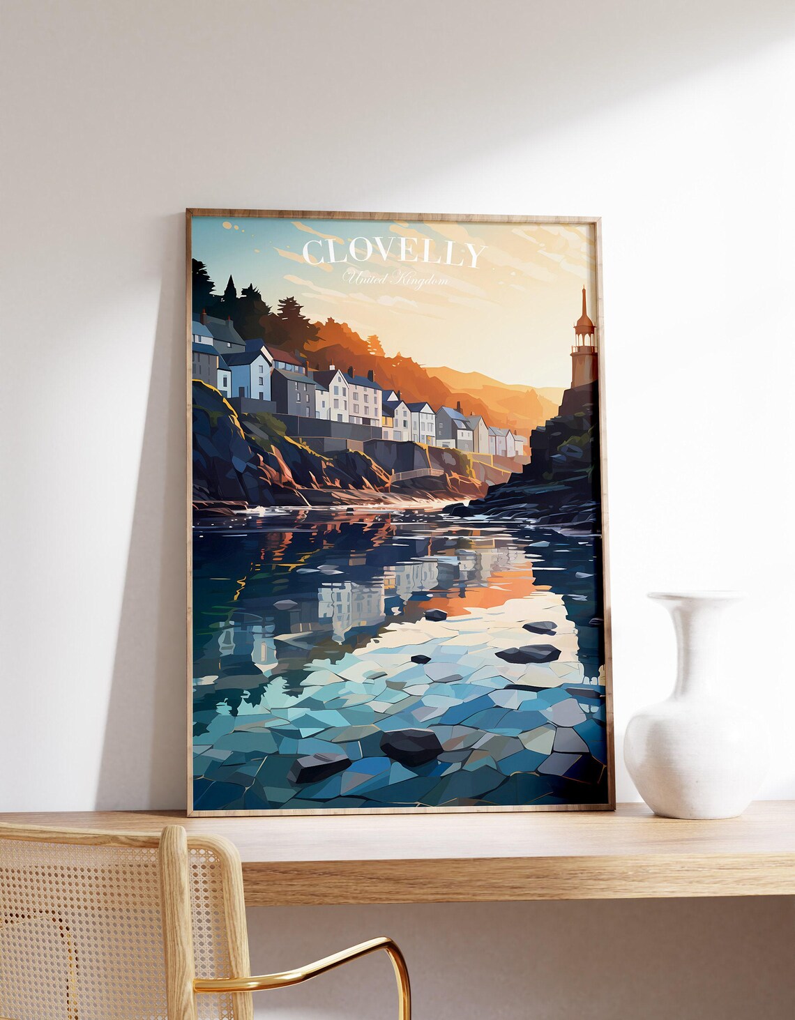 Clovelly United Kingdom Travel Poster Coastal Village Sunset Artwork