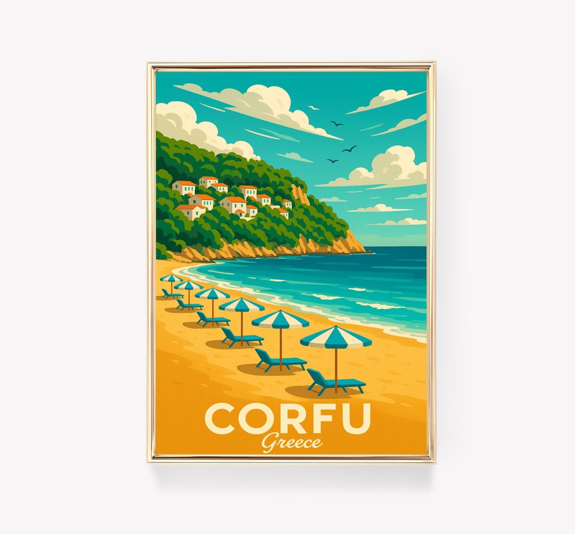 Corfu Greece Vintage Travel Poster Sunny Beach Umbrellas Village Art
