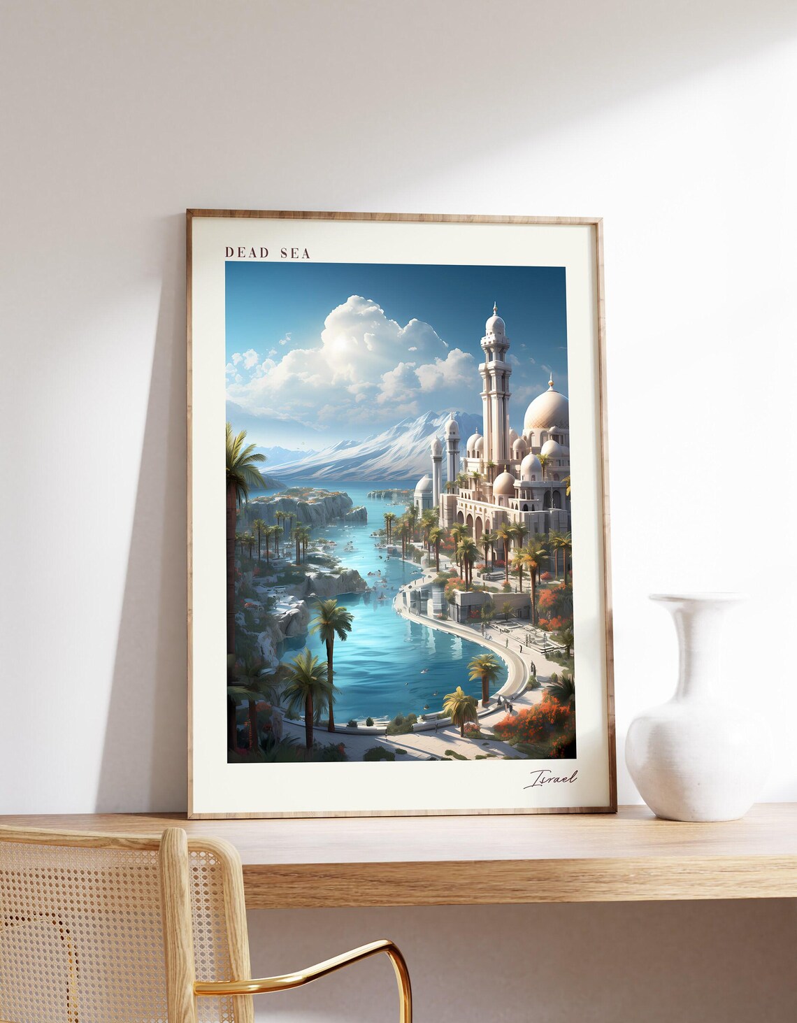 Dead Sea Israel Travel Poster Fantasy Palace Shoreline Dream Art