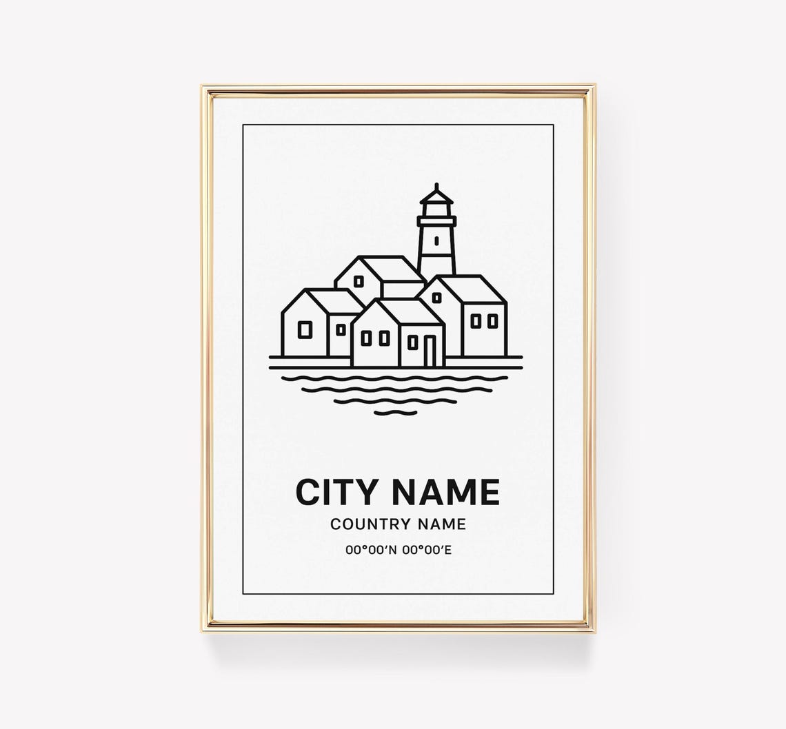 Minimalist Lighthouse Coastal Town Line Art Custom City Name Poster