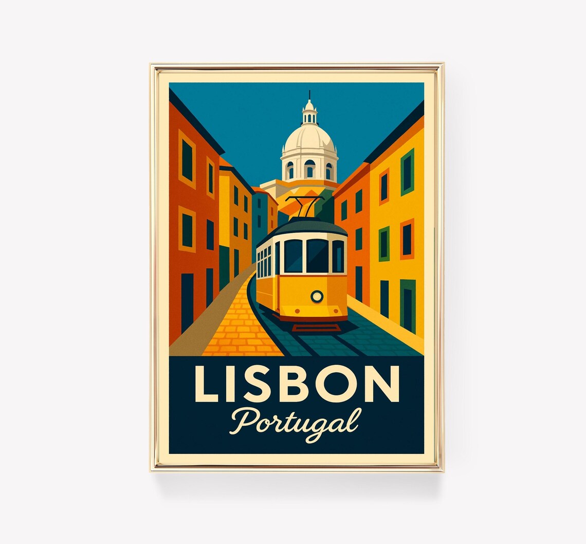 Lisbon Portugal Yellow Tram Historic Street Retro Vintage Travel Poster