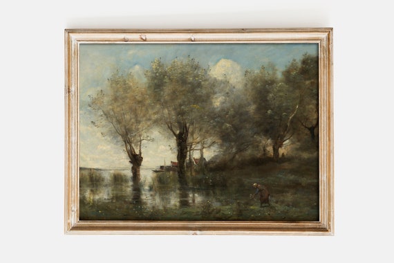 Camille Corot A Pond In Picardy 1867 Landscape Poster Wall Art Print Vintage Field Scenery Rustic Cloudy Sky Painting Home Decor