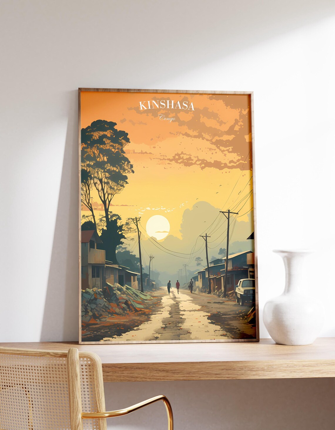 Kinshasa Congo Golden Sunset Street Scene African Retro Travel Poster