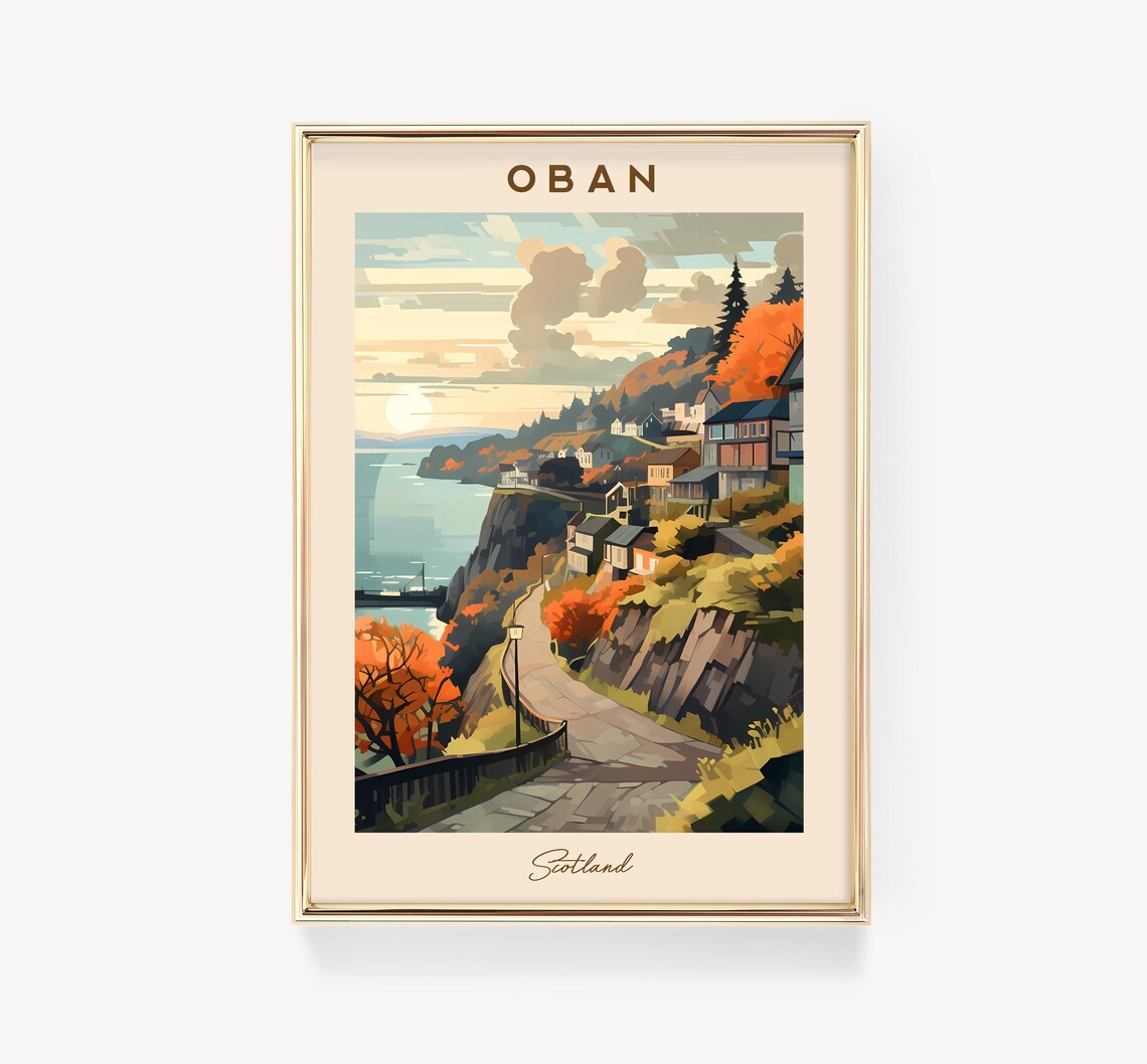 Oban Scotland Coastal Hillside Town Sunset Vintage Travel Poster