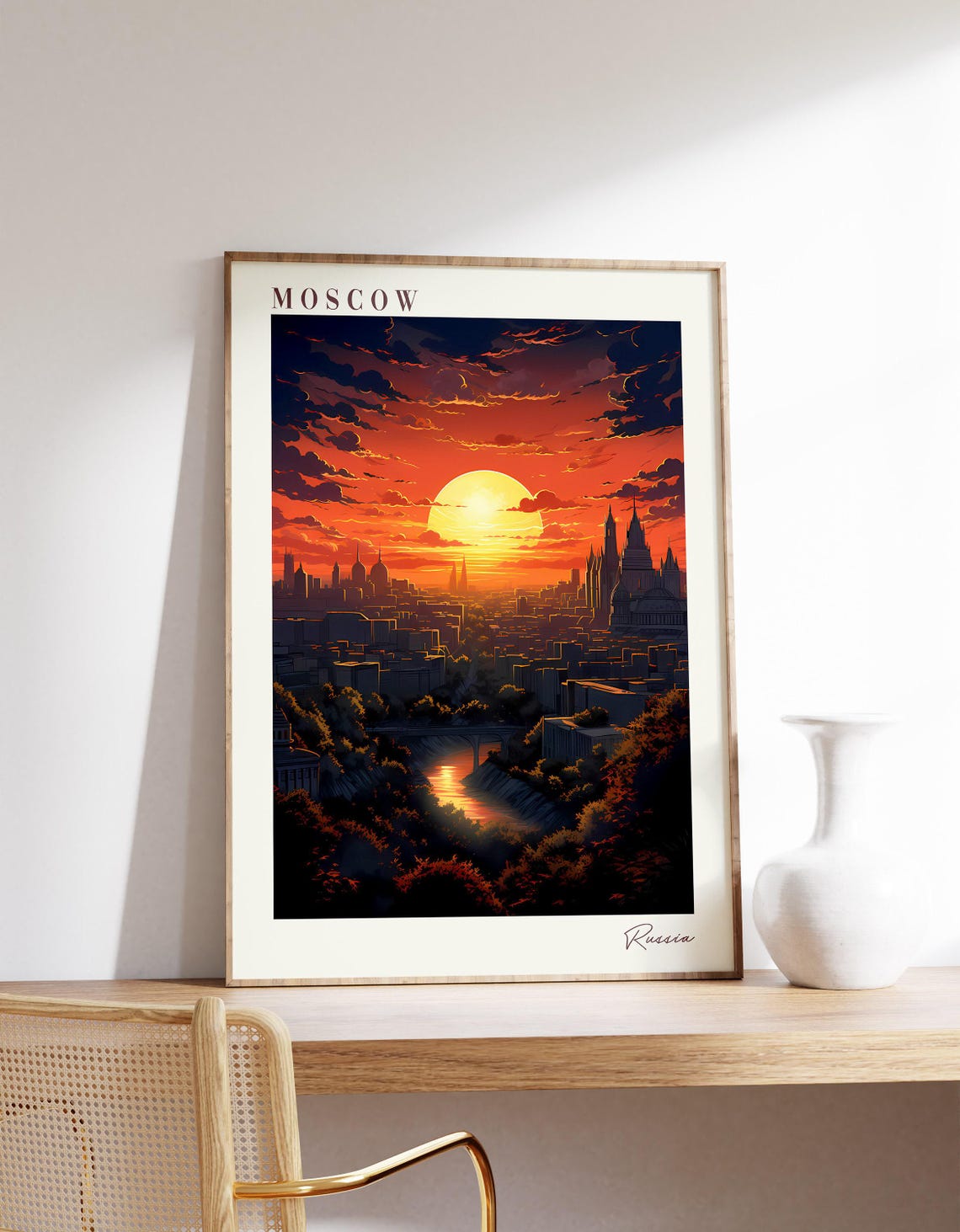 Moscow Russia Sunset Skyline Domes River Fiery Orange Travel Poster