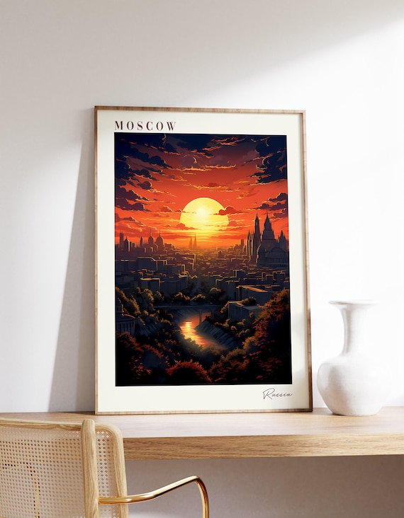 Moscow Russia Sunset Skyline Domes River Fiery Orange Travel Poster