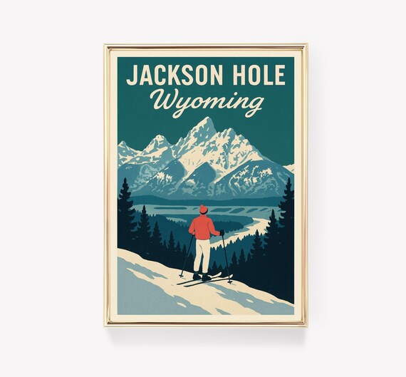 Jackson Hole Wyoming Vintage Travel Poster Grand Teton Peak Skier
