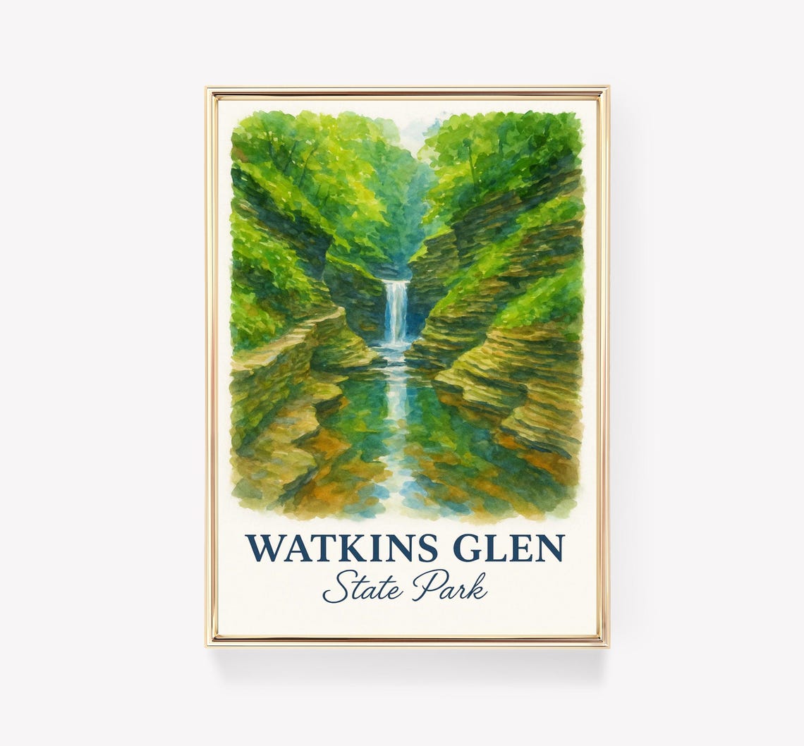 Watkins Glen State Park Waterfall Gorge Watercolor Art Poster