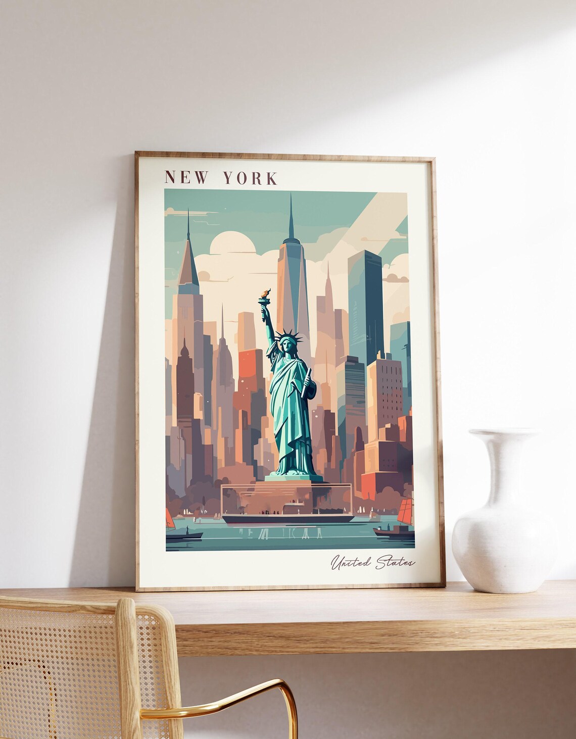 New York City Travel Poster Statue of Liberty Skyline Vintage Artwork