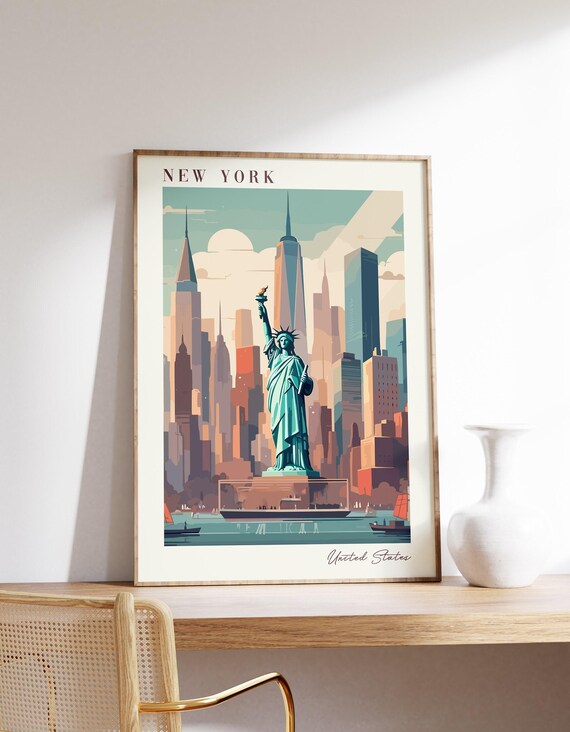 New York City Travel Poster Statue of Liberty Skyline Vintage Artwork