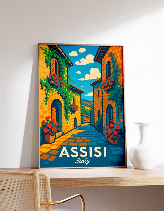 Assisi Italy Vintage Travel Poster Flowered Village Street Scene
