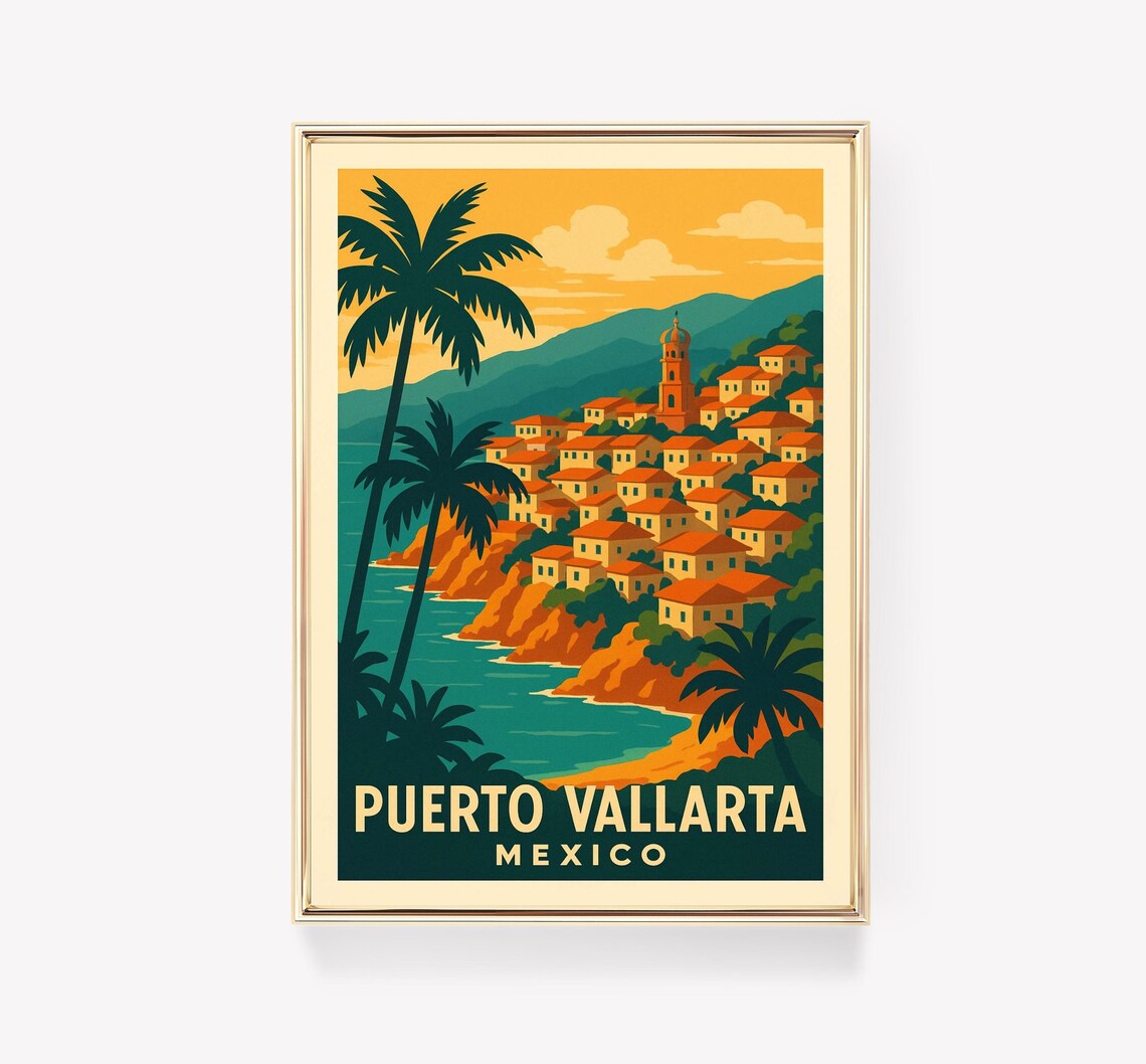 Puerto Vallarta Vintage Travel Poster, Beach Decor