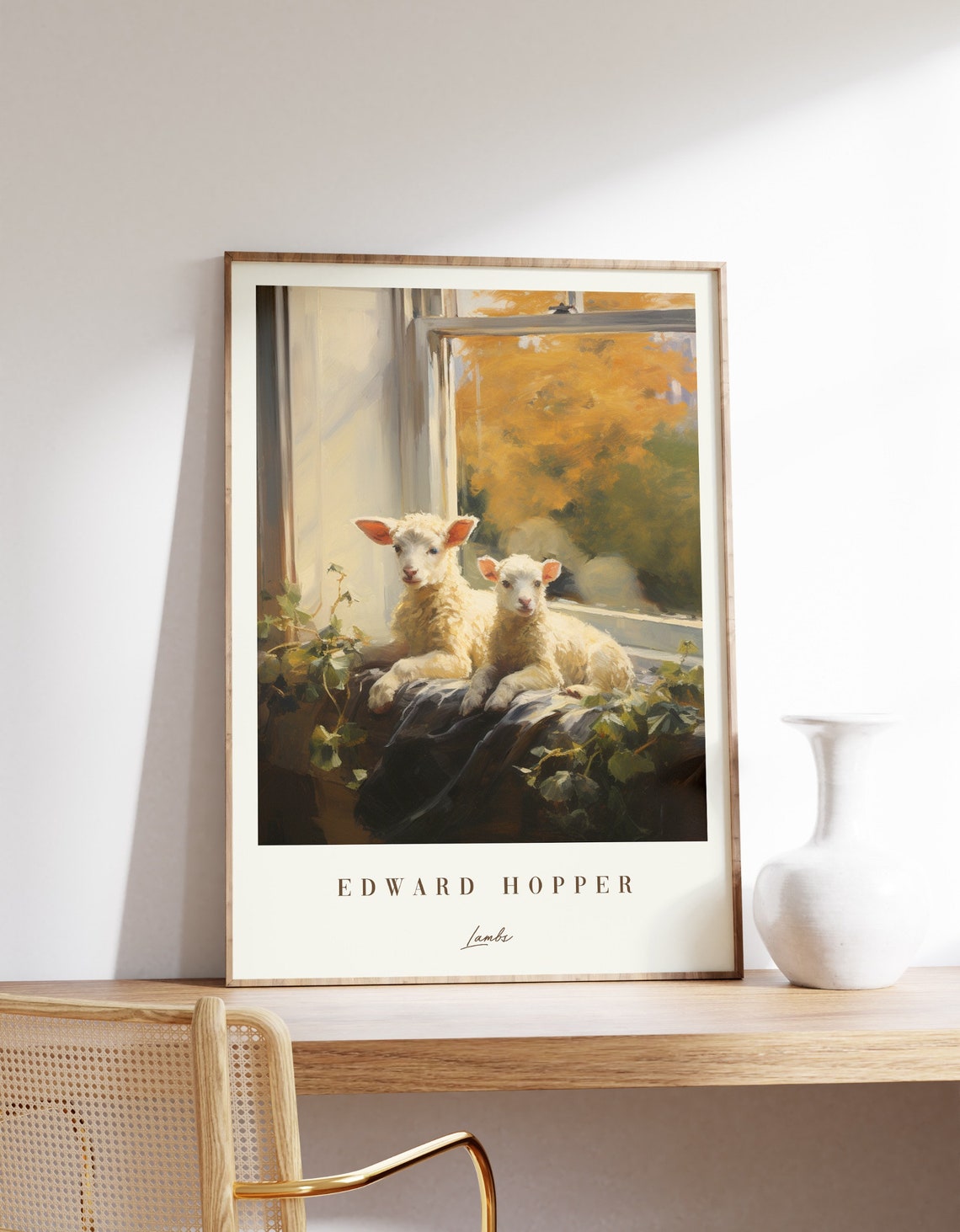 Edward Hopper Style Twin Lambs Sunny Window Vintage Art Print