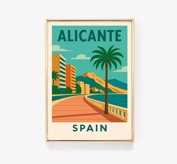 Alicante Spain Palm Promenade Seaside Vintage Travel Poster Art